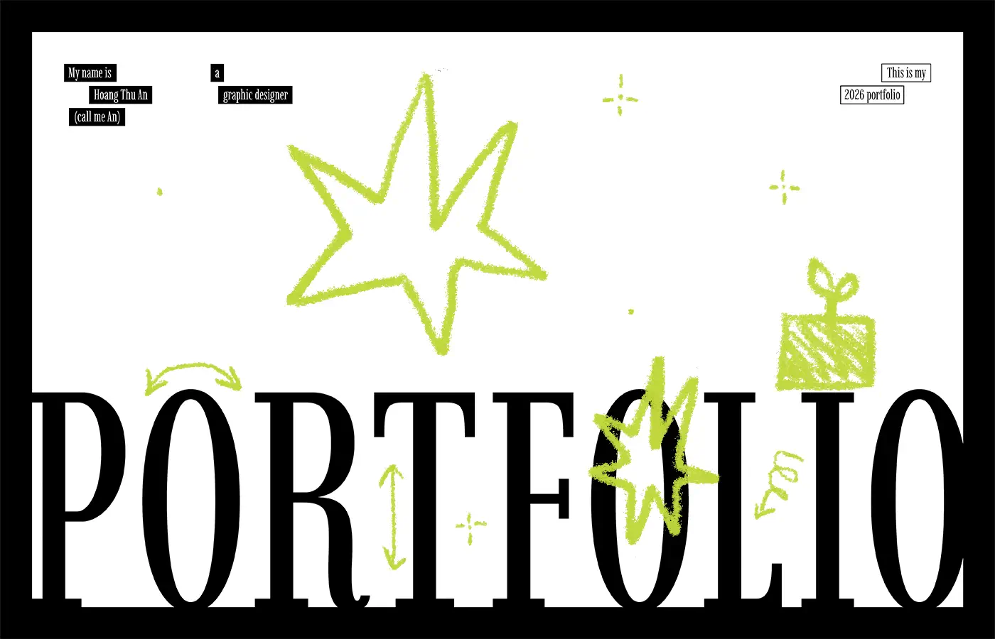 White portfolio cover with oversized black PORTFOLIO lettering and acid-lime star doodles.