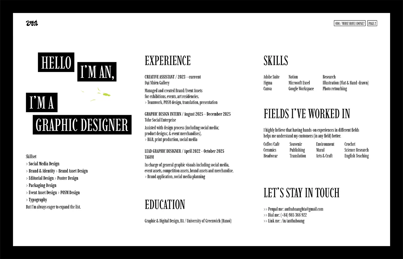 Black-and-white résumé page with HELLO I'M AN and I'M A GRAPHIC DESIGNER headlines.