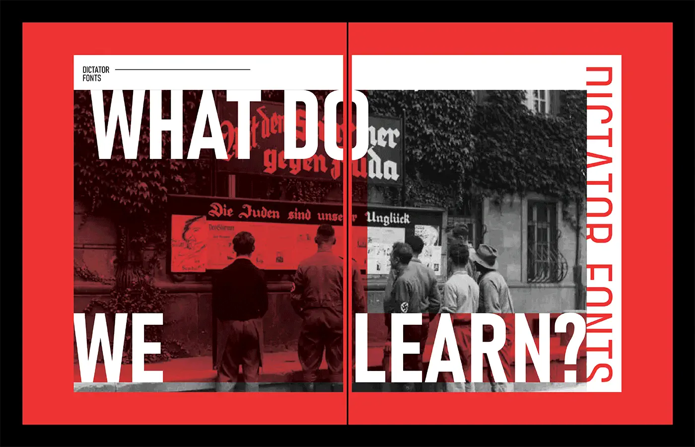 Red editorial spread with black-and-white photographs, WHAT DO WE LEARN? text, and vertical type.