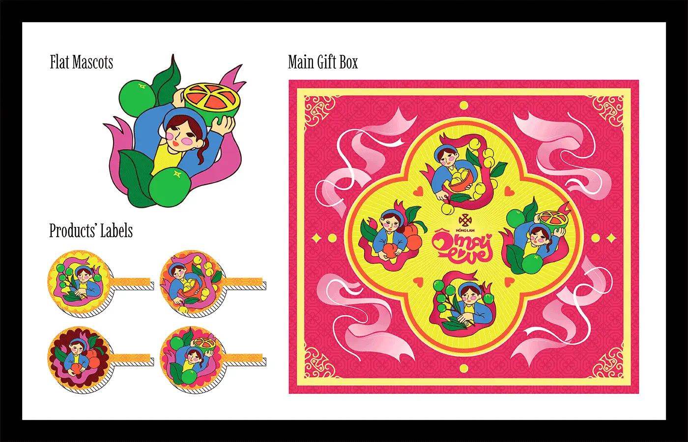 Ô MAI LOVE illustration sheet with a mascot, four labels, and a pink gift box.