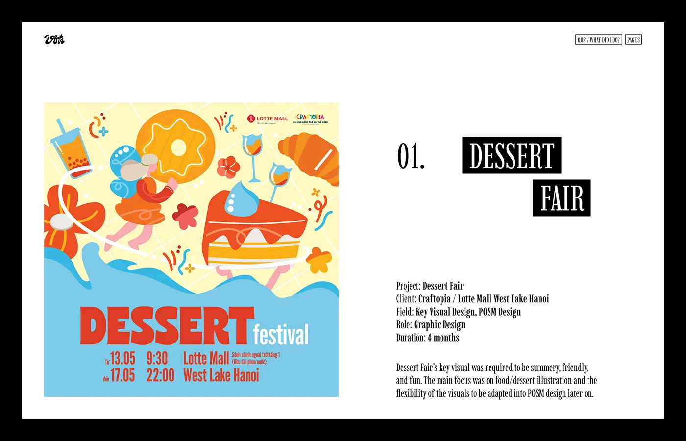 Colorful illustrated DESSERT FAIR scene with cake, drinks, characters, and blue waves.