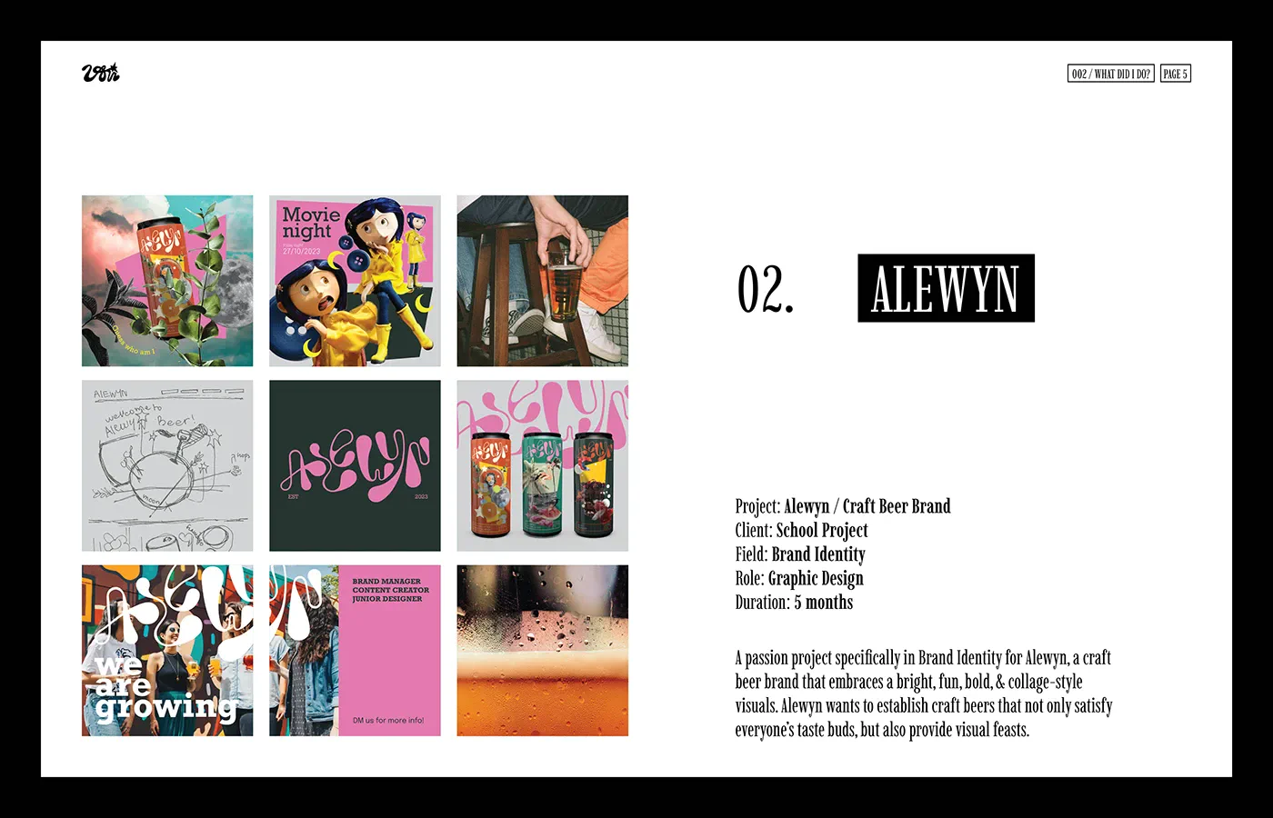 ALEWYN page showing a nine-panel collage of cans, lettering, sketches, and photographs.