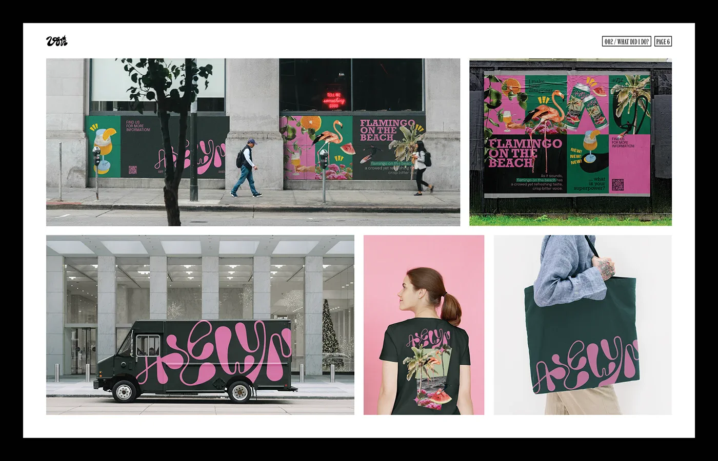 Street-scene collage with FLAMINGO ON THE BEACH posters, a dark truck, shirt, and tote.