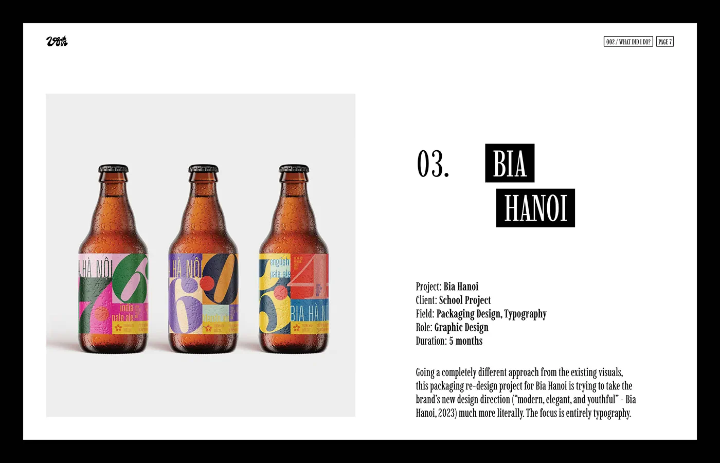 BIA HANOI page with three beer bottles carrying colorful geometric labels.