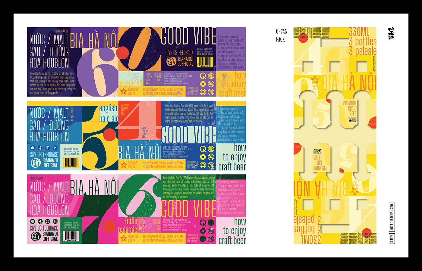 BIA HÀ NỘI packaging layout with three label panels and a yellow six-can pack.