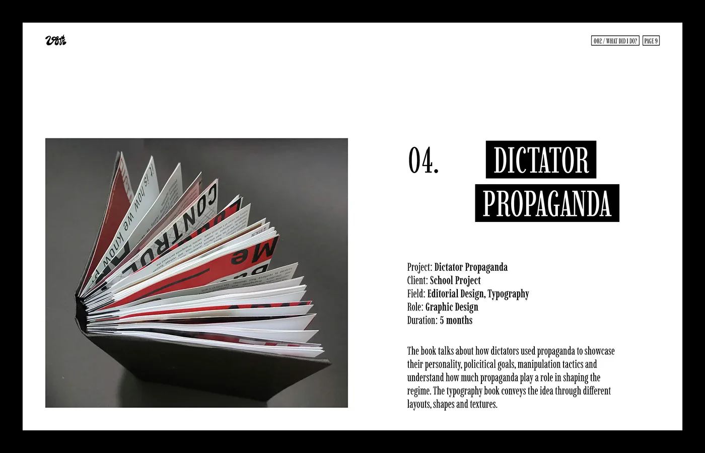 DICTATOR PROPAGANDA page with a fan-shaped red-and-black book photographed on gray.