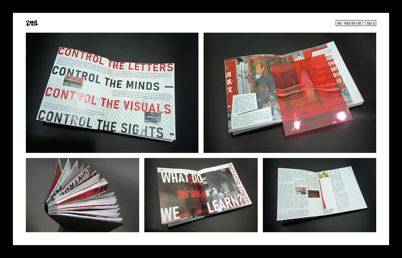 Editorial book collage showing CONTROL THE LETTERS, CONTROL THE MINDS, and open spreads.