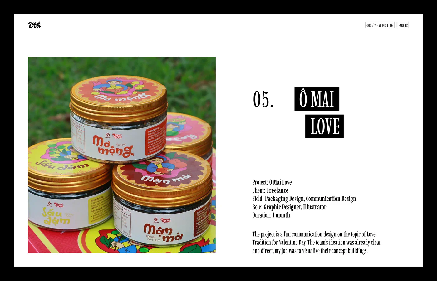 Ô MAI LOVE page with stacked jars, illustrated lids, and Vietnamese label lettering.