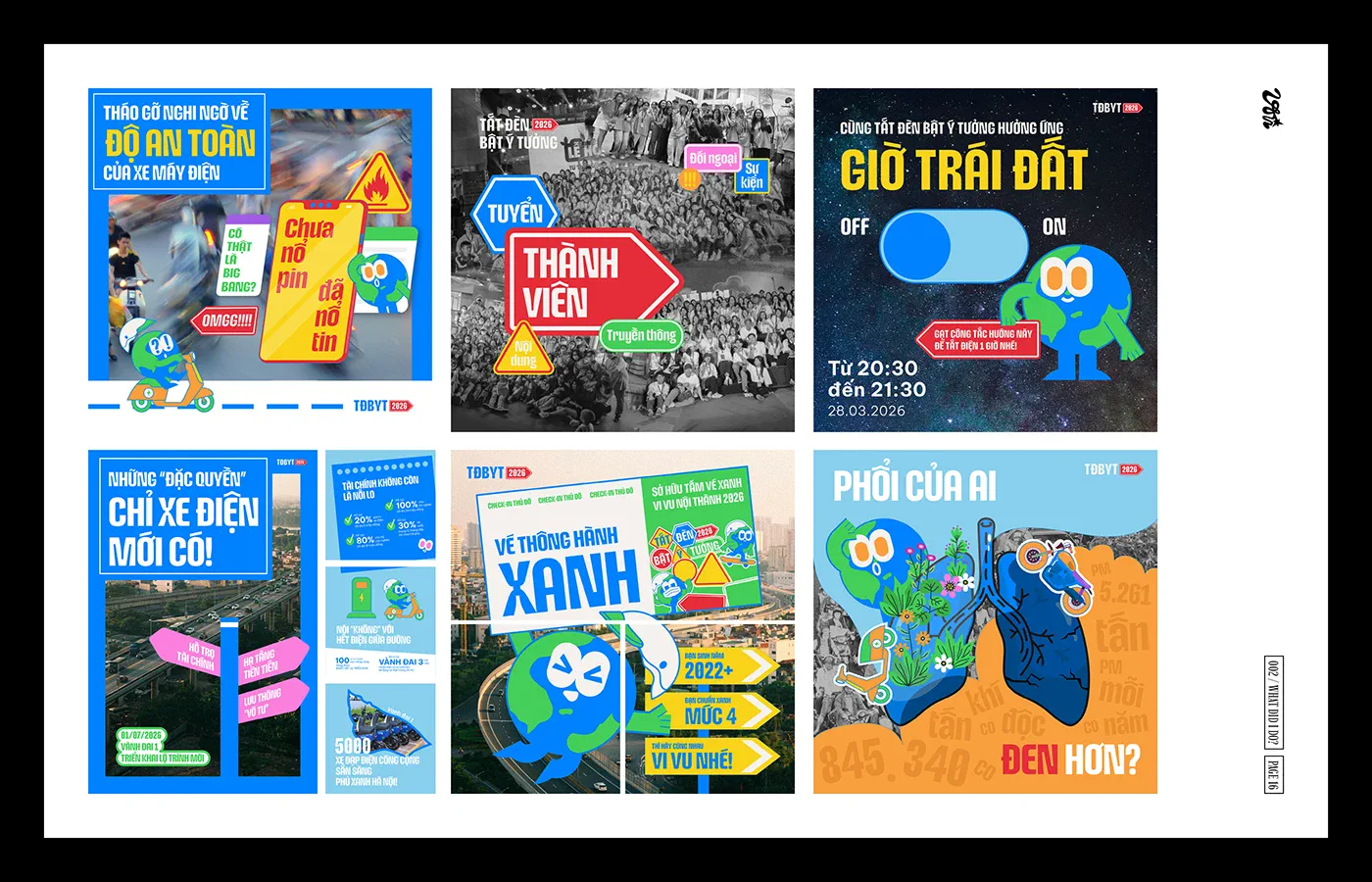 Grid of Vietnamese LIGHTS OFF, IDEAS ON social graphics with signs, vehicles, and a blue mascot.