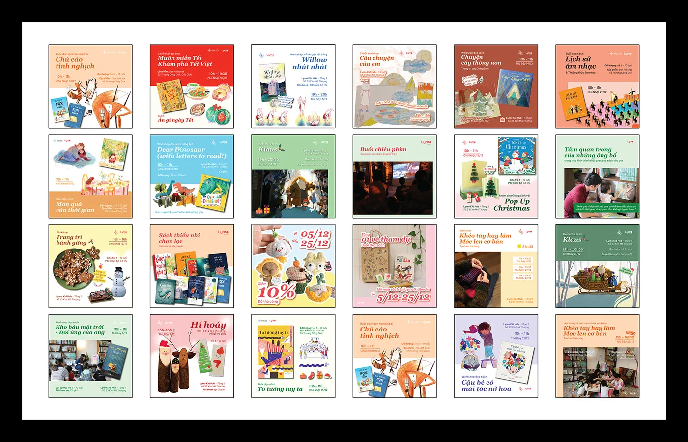 Grid of LYMO KIDS HUB social posts for workshops, screenings, and reading events.